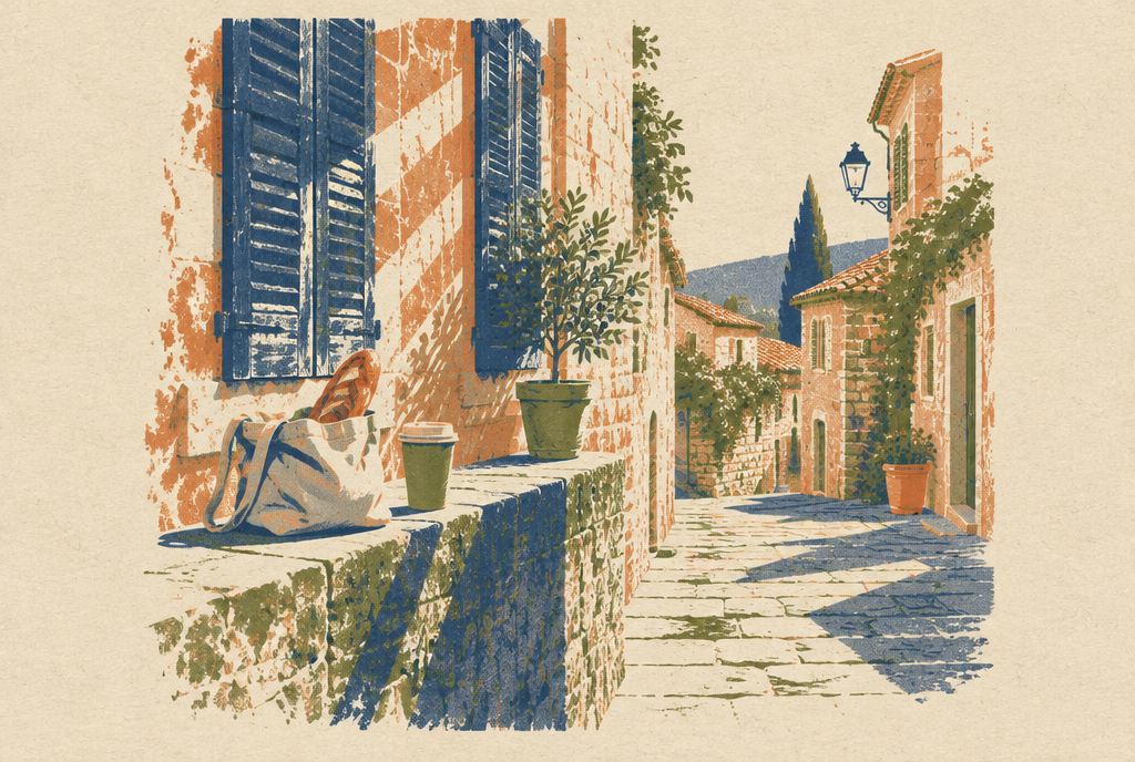Early morning on a narrow street, bread and coffee on a low wall