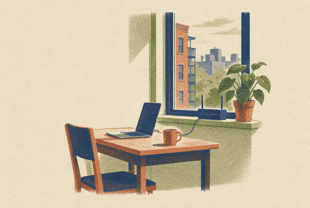 A small desk by a window with a laptop and a router