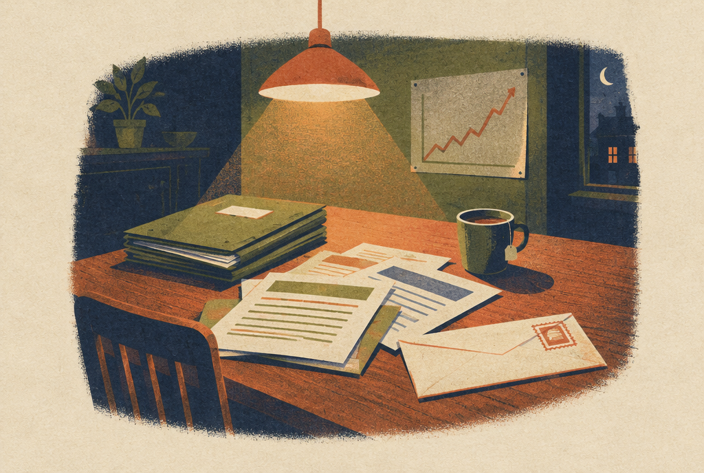 A kitchen table at night with documents and a rising chart on the wall